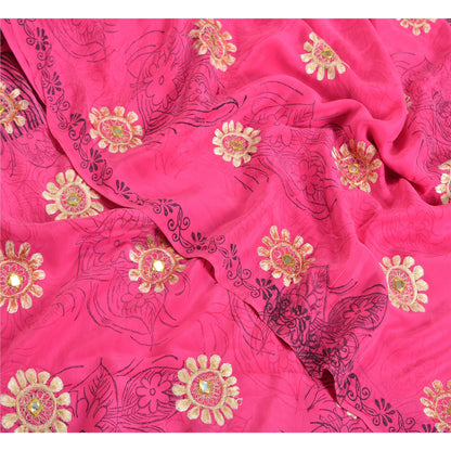 Sanskriti Vintage Sarees Pink Embroidery Print Pure Crepe Silk Sari Craft Sustainable Fabric