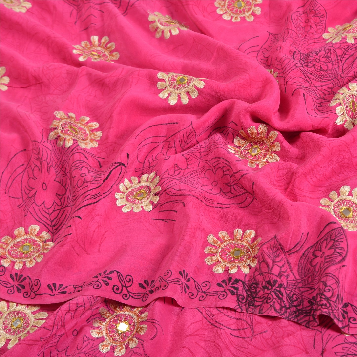 Sanskriti Vintage Sarees Pink Embroidery Print Pure Crepe Silk Sari Craft Sustainable Fabric