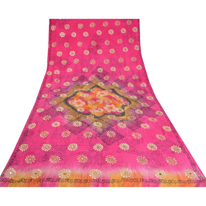 Sanskriti Vintage Sarees Pink Embroidery Print Pure Crepe Silk Sari Craft Sustainable Fabric