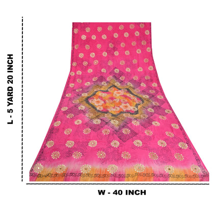 Sanskriti Vintage Sarees Pink Embroidery Print Pure Crepe Silk Sari Craft Sustainable Fabric