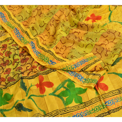 Санскритские винтажные сари индийский желтый чистый креп шелк напечатанный сари ремесло устойчивая ткань