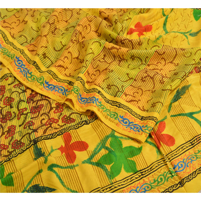 Санскритские винтажные сари индийский желтый чистый креп шелк напечатанный сари ремесло устойчивая ткань