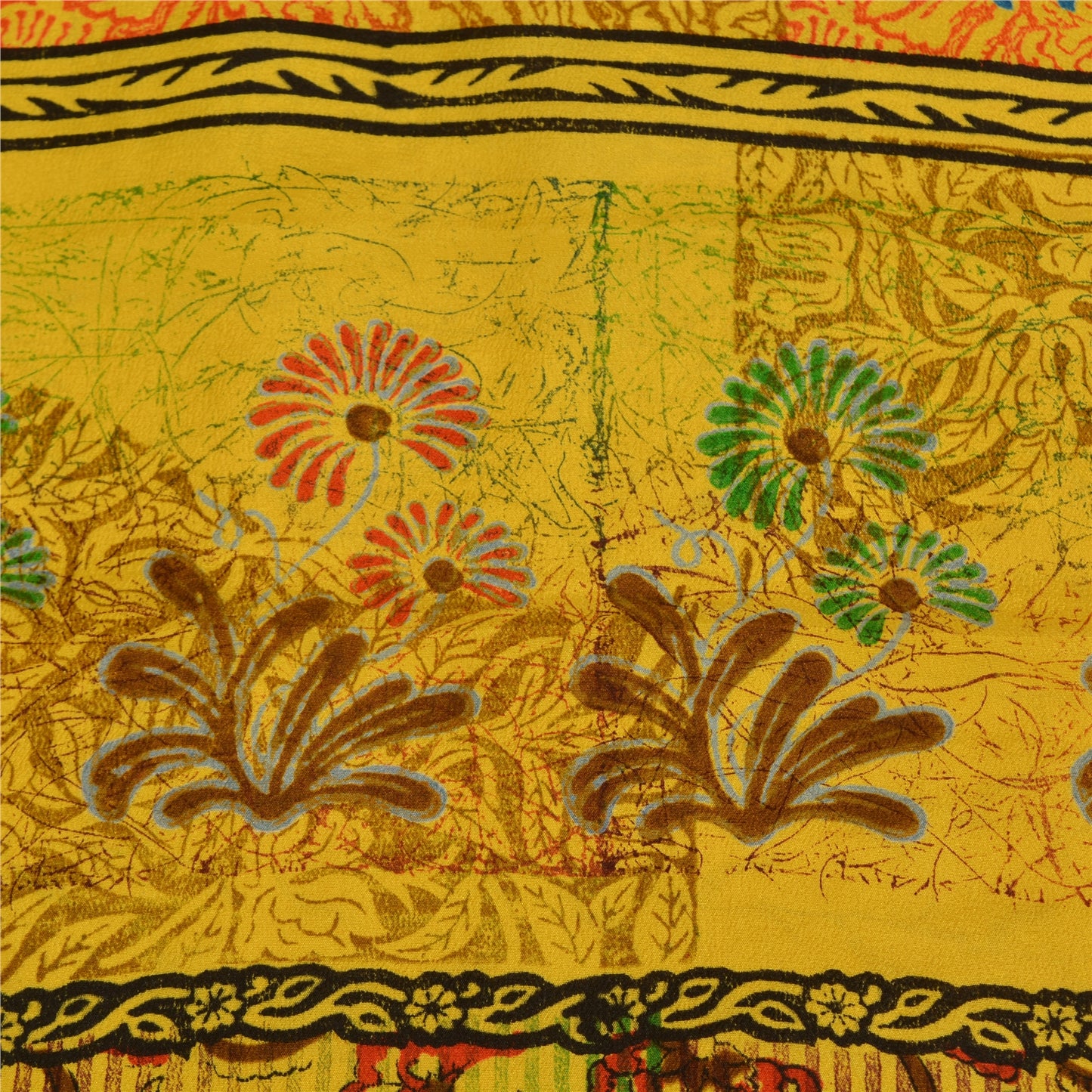 Санскритские винтажные сари индийский желтый чистый креп шелк напечатанный сари ремесло устойчивая ткань