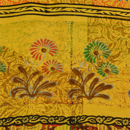 Санскритские винтажные сари индийский желтый чистый креп шелк напечатанный сари ремесло устойчивая ткань