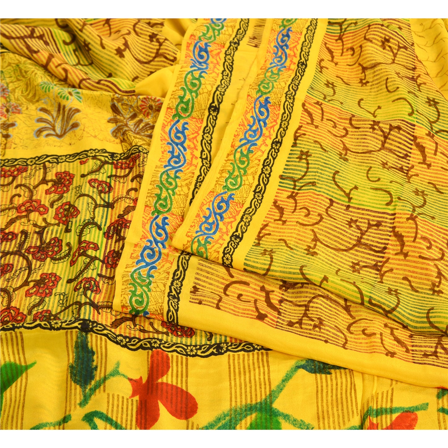 Санскритские винтажные сари индийский желтый чистый креп шелк напечатанный сари ремесло устойчивая ткань