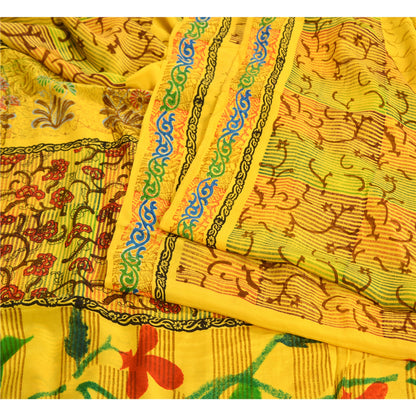 Санскритские винтажные сари индийский желтый чистый креп шелк напечатанный сари ремесло устойчивая ткань