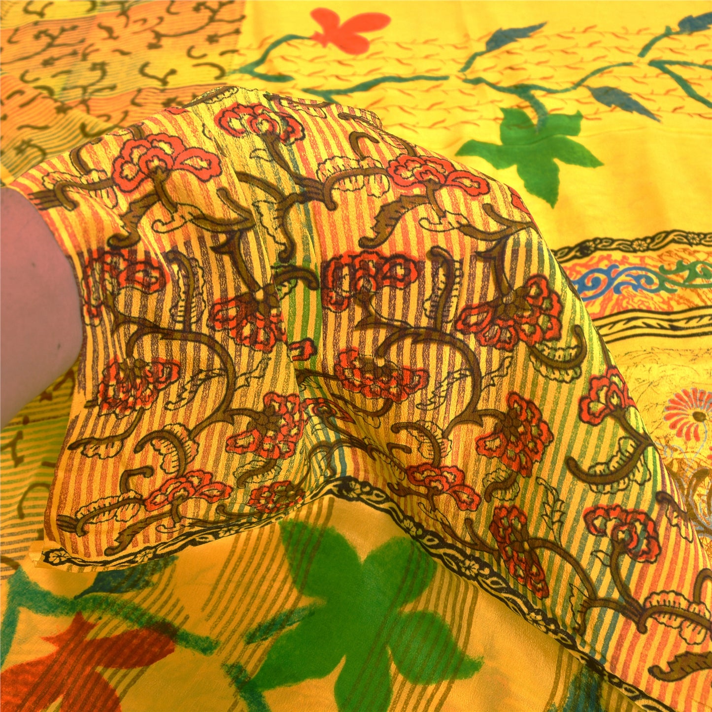 Санскритские винтажные сари индийский желтый чистый креп шелк напечатанный сари ремесло устойчивая ткань