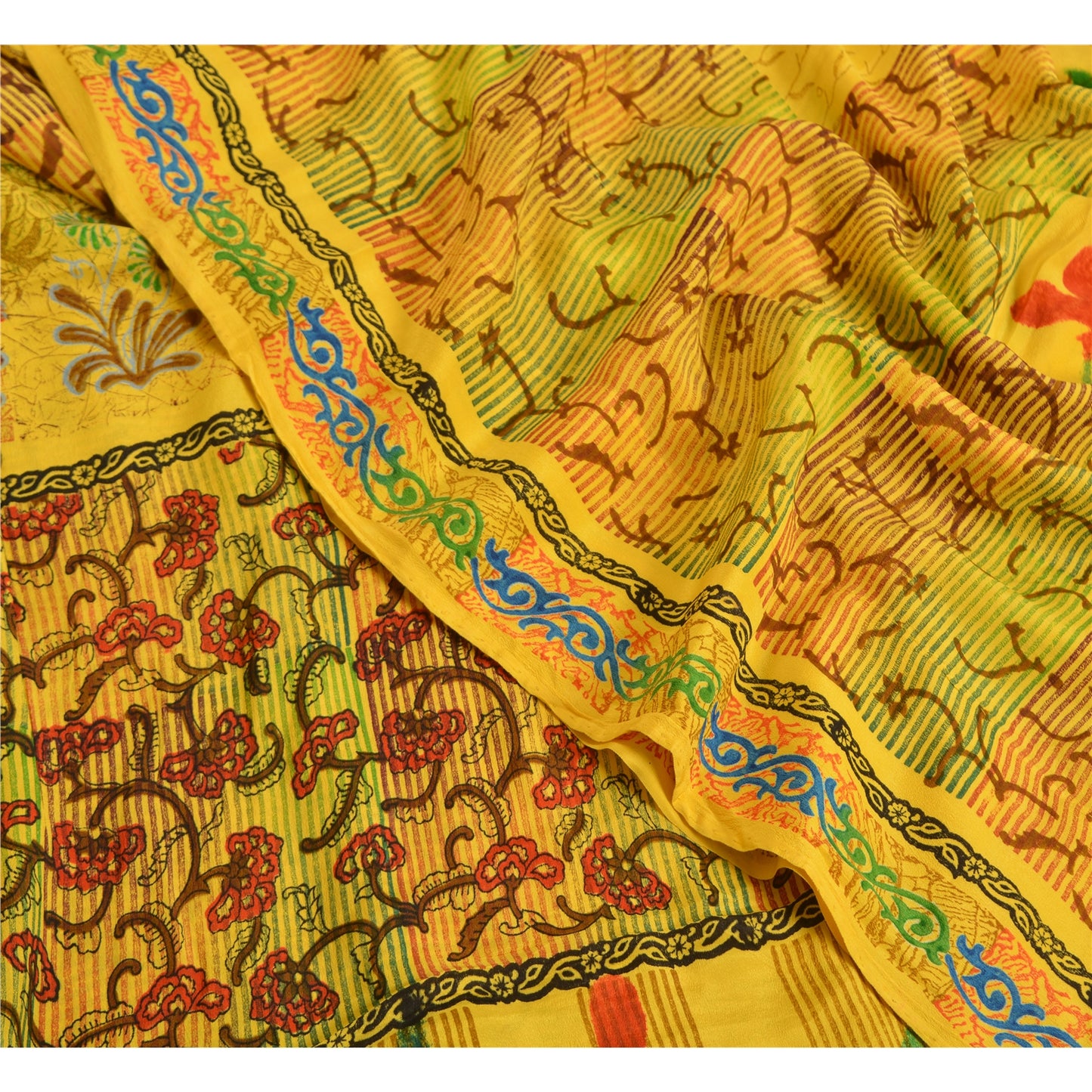 Санскритские винтажные сари индийский желтый чистый креп шелк напечатанный сари ремесло устойчивая ткань