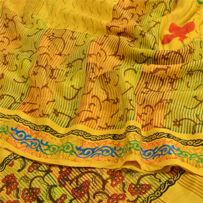 Санскритские винтажные сари индийский желтый чистый креп шелк напечатанный сари ремесло устойчивая ткань