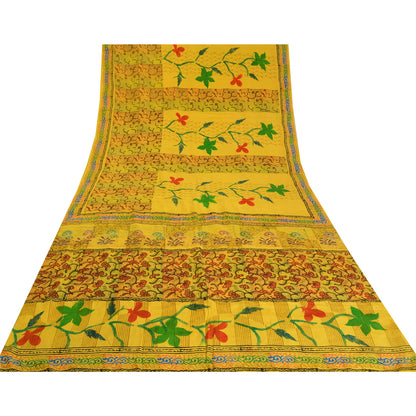 Санскритские винтажные сари индийский желтый чистый креп шелк напечатанный сари ремесло устойчивая ткань