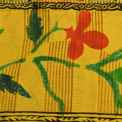 Санскритские винтажные сари индийский желтый чистый креп шелк напечатанный сари ремесло устойчивая ткань