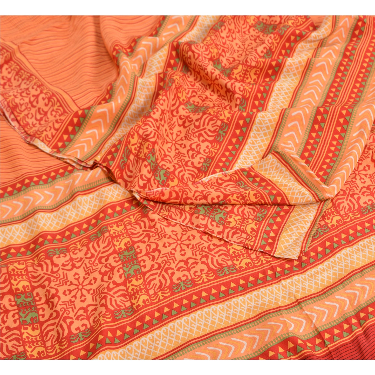Sanskriti Vintage Sarees Indian Peach Pure Crepe Silk Printed Sari Craft Sustainable Fabric