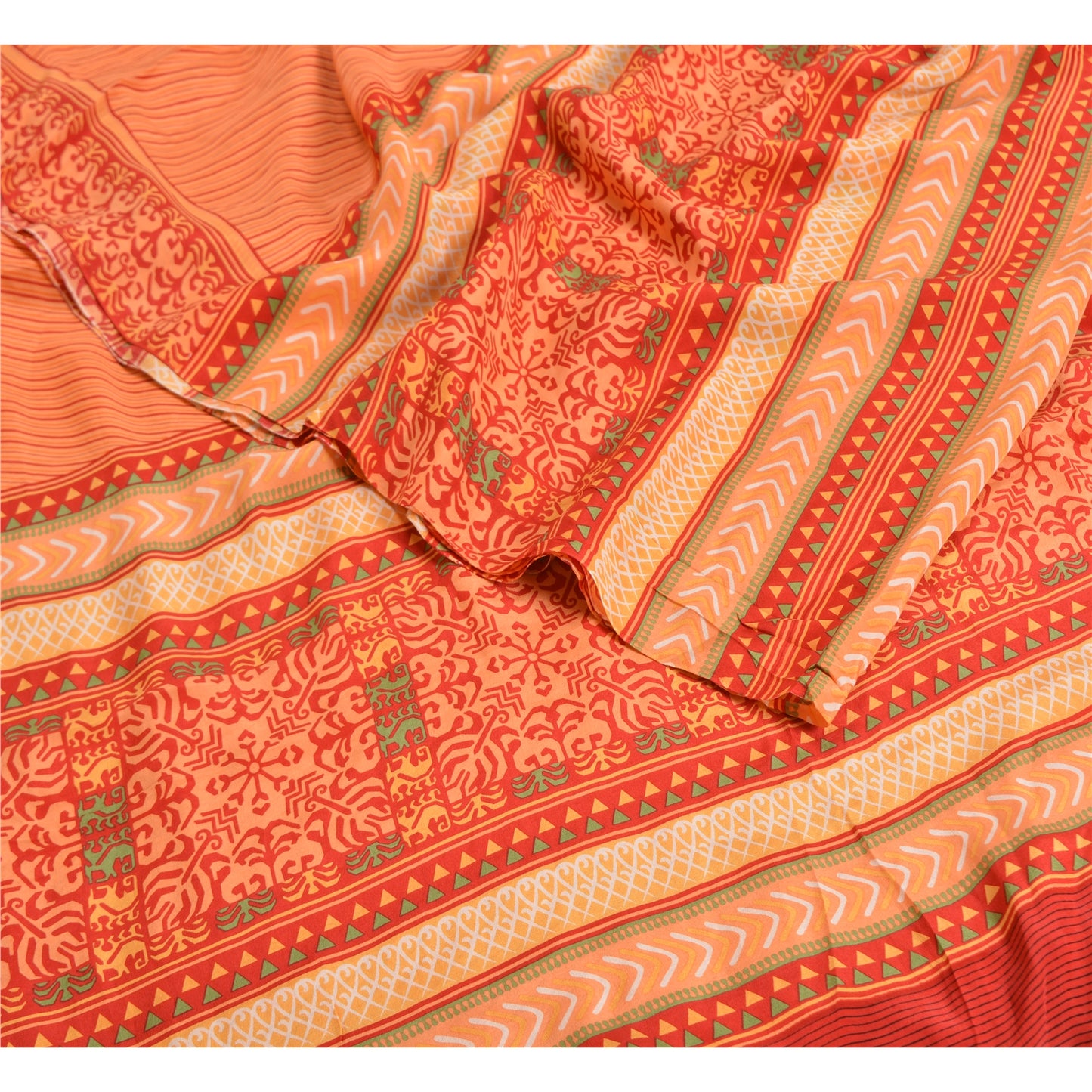 Sanskriti Vintage Sarees Indian Peach Pure Crepe Silk Printed Sari Craft Sustainable Fabric