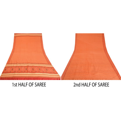 Sanskriti Vintage Sarees Indian Peach Pure Crepe Silk Printed Sari Craft Sustainable Fabric