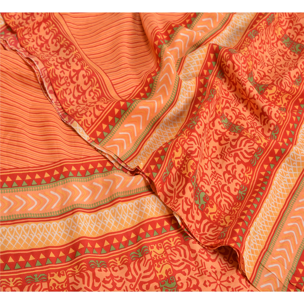 Sanskriti Vintage Sarees Indian Peach Pure Crepe Silk Printed Sari Craft Sustainable Fabric