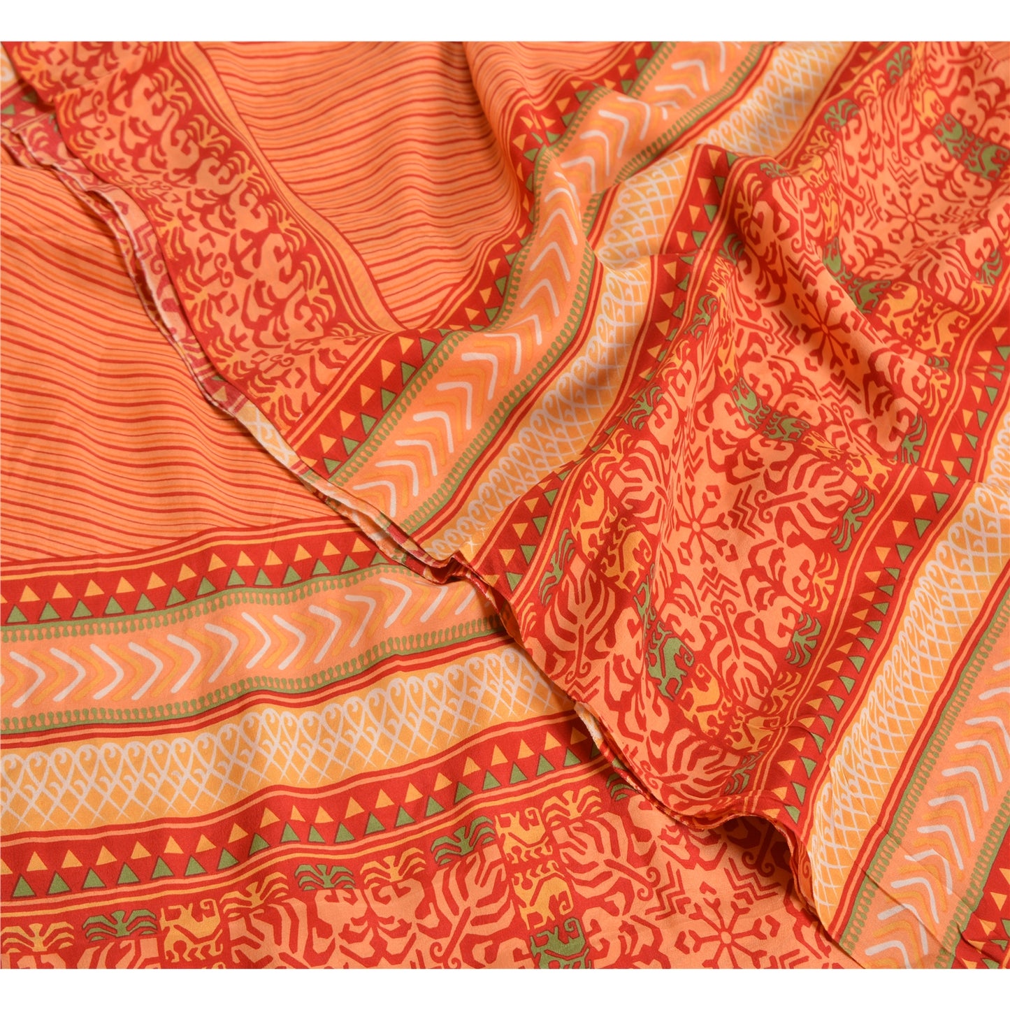 Sanskriti Vintage Sarees Indian Peach Pure Crepe Silk Printed Sari Craft Sustainable Fabric