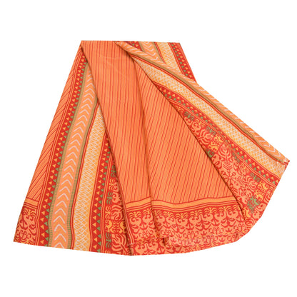 Sanskriti Vintage Sarees Indian Peach Pure Crepe Silk Printed Sari Craft Sustainable Fabric