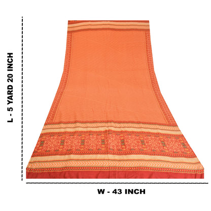 Sanskriti Vintage Sarees Indian Peach Pure Crepe Silk Printed Sari Craft Sustainable Fabric
