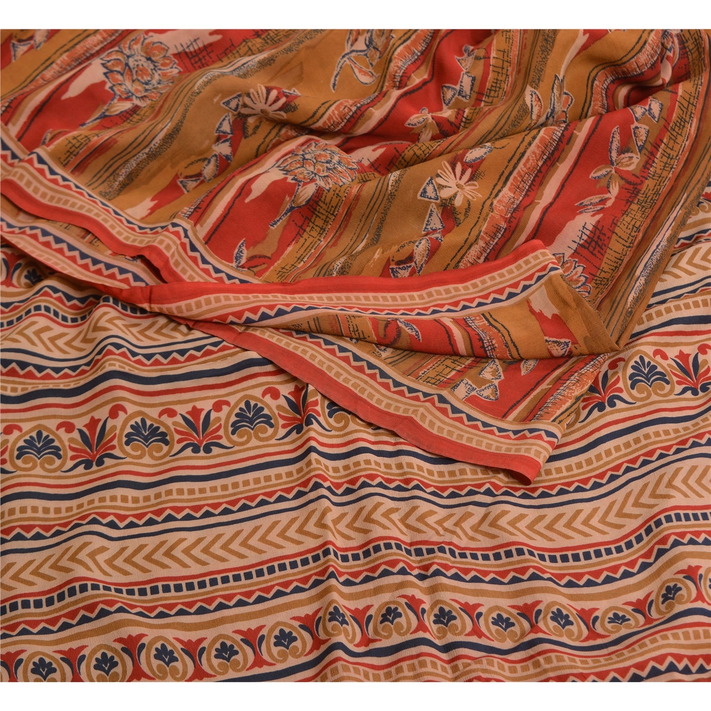 Sanskriti Vintage Sarees Red/Brown Pure Crepe Silk Printed Sari 5yd Craft Sustainable Fabric