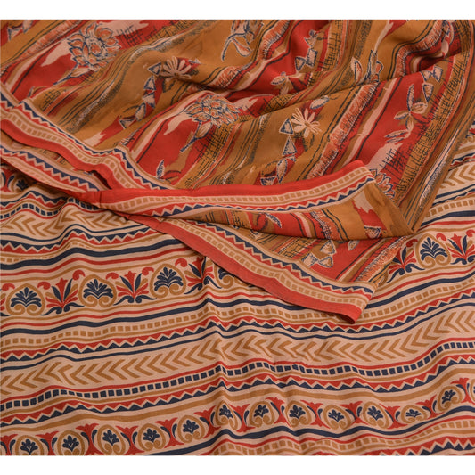 Sanskriti Vintage Sarees Red/Brown Pure Crepe Silk Printed Sari 5yd Craft Sustainable Fabric