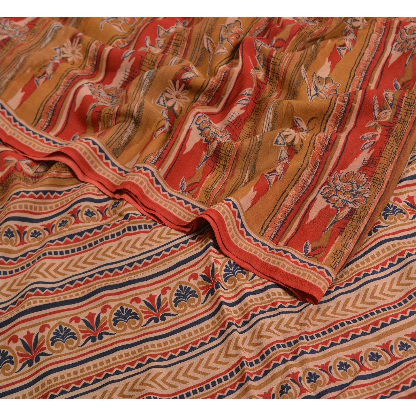 Sanskriti Vintage Sarees Red/Brown Pure Crepe Silk Printed Sari 5yd Craft Sustainable Fabric
