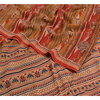 Sanskriti Vintage Sarees Red/Brown Pure Crepe Silk Printed Sari 5yd Craft Sustainable Fabric