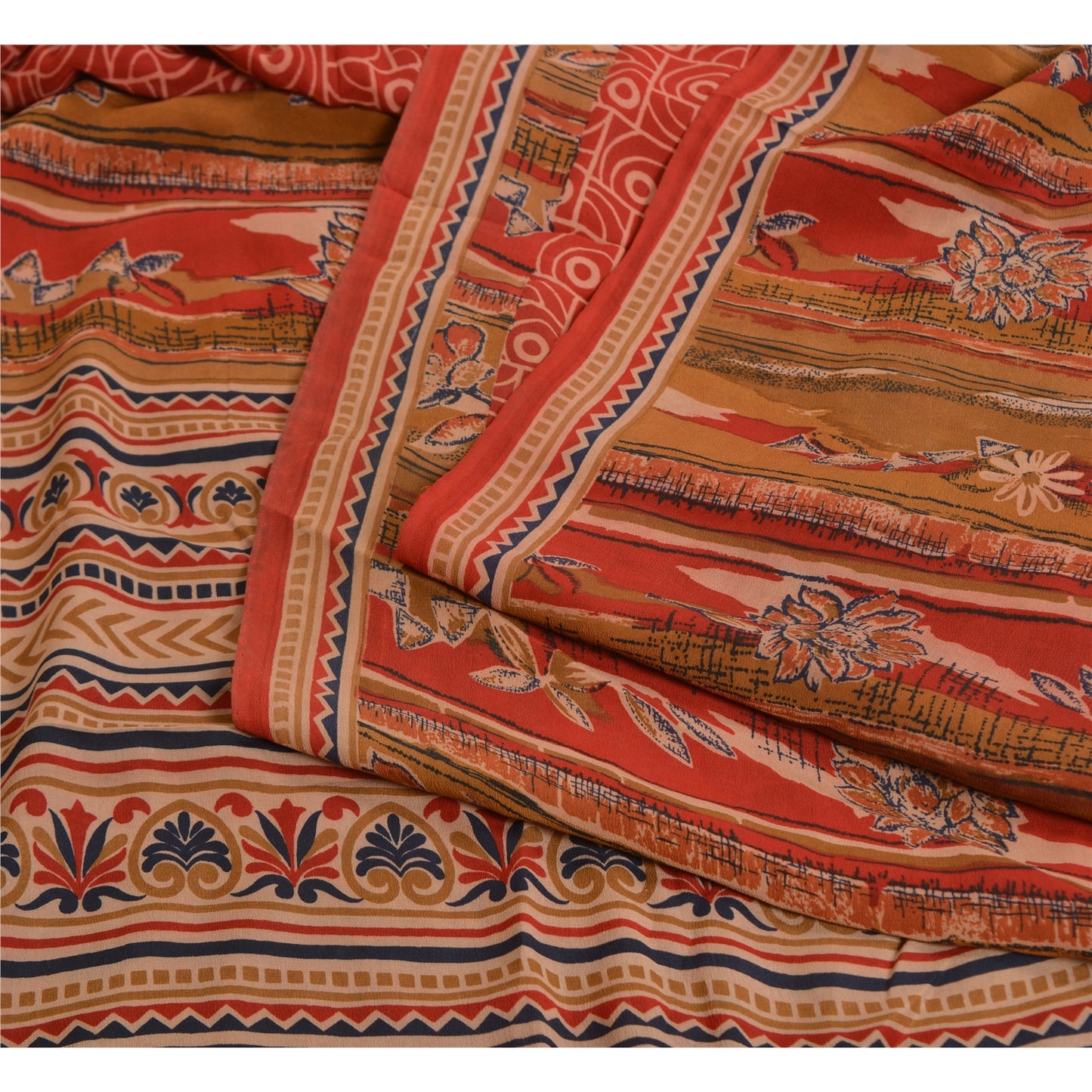 Sanskriti Vintage Sarees Red/Brown Pure Crepe Silk Printed Sari 5yd Craft Sustainable Fabric