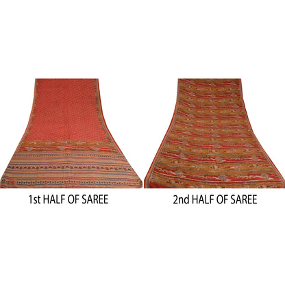 Sanskriti Vintage Sarees Red/Brown Pure Crepe Silk Printed Sari 5yd Craft Sustainable Fabric
