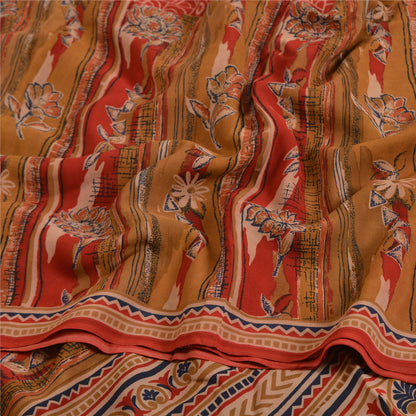 Sanskriti Vintage Sarees Red/Brown Pure Crepe Silk Printed Sari 5yd Craft Sustainable Fabric
