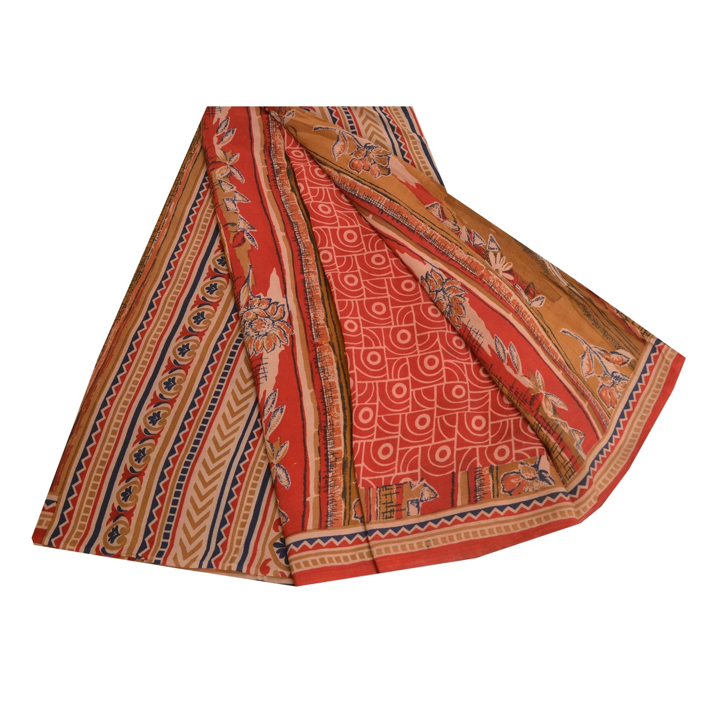 Sanskriti Vintage Sarees Red/Brown Pure Crepe Silk Printed Sari 5yd Craft Sustainable Fabric