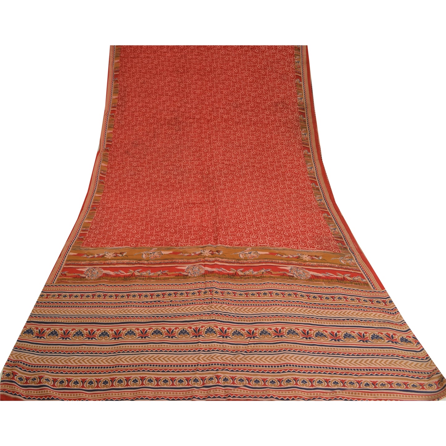Sanskriti Vintage Sarees Red/Brown Pure Crepe Silk Printed Sari 5yd Craft Sustainable Fabric
