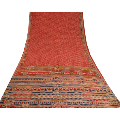 Sanskriti Vintage Sarees Red/Brown Pure Crepe Silk Printed Sari 5yd Craft Sustainable Fabric
