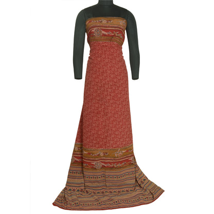 Sanskriti Vintage Sarees Red/Brown Pure Crepe Silk Printed Sari 5yd Craft Sustainable Fabric