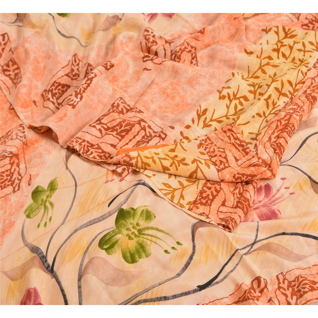 Sanskriti Vintage Sarees Indian Peach Pure Crepe Silk Printed Sari Craft Sustainable Fabric