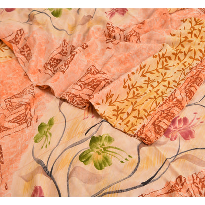 Sanskriti Vintage Sarees Indian Peach Pure Crepe Silk Printed Sari Craft Sustainable Fabric