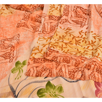 Sanskriti Vintage Sarees Indian Peach Pure Crepe Silk Printed Sari Craft Sustainable Fabric