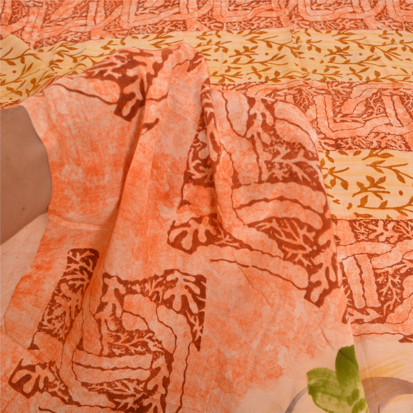 Sanskriti Vintage Sarees Indian Peach Pure Crepe Silk Printed Sari Craft Sustainable Fabric