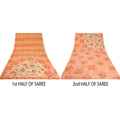Sanskriti Vintage Sarees Indian Peach Pure Crepe Silk Printed Sari Craft Sustainable Fabric