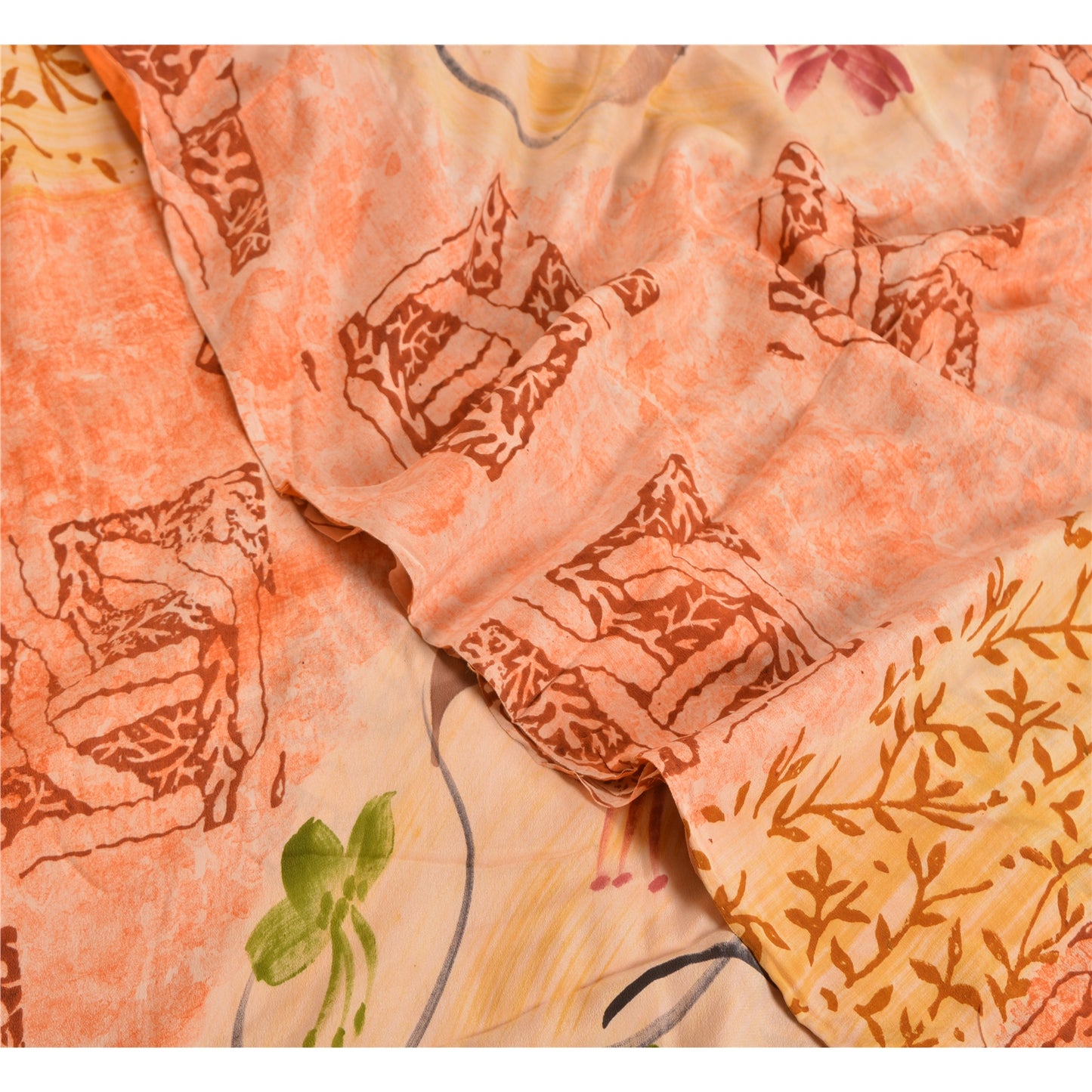 Sanskriti Vintage Sarees Indian Peach Pure Crepe Silk Printed Sari Craft Sustainable Fabric