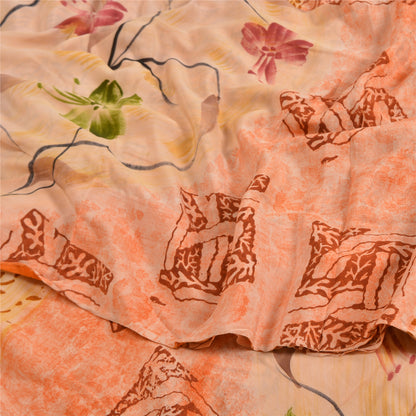 Sanskriti Vintage Sarees Indian Peach Pure Crepe Silk Printed Sari Craft Sustainable Fabric