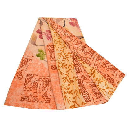 Sanskriti Vintage Sarees Indian Peach Pure Crepe Silk Printed Sari Craft Sustainable Fabric