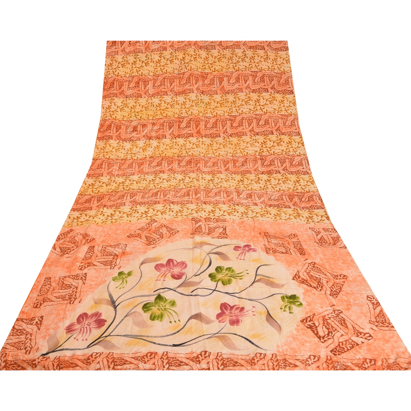 Sanskriti Vintage Sarees Indian Peach Pure Crepe Silk Printed Sari Craft Sustainable Fabric