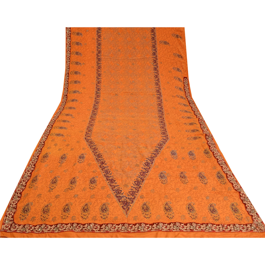 Sanskriti Vintage Sarees Saffron Printed Zardozi Border Pure Crepe Sari Fabric