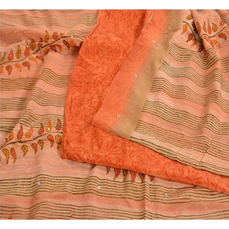 Sanskriti Vintage Sarees Peach Hand Beaded Pure Crepe Silk Printed Sari Sustainable Fabric