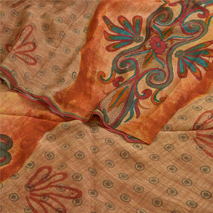 Sanskriti Vintage Sarees Brown 100% Pure Crepe Silk Printed Sari Craft Sustainable Fabric