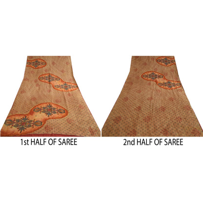 Sanskriti Vintage Sarees Brown 100% Pure Crepe Silk Printed Sari Craft Sustainable Fabric
