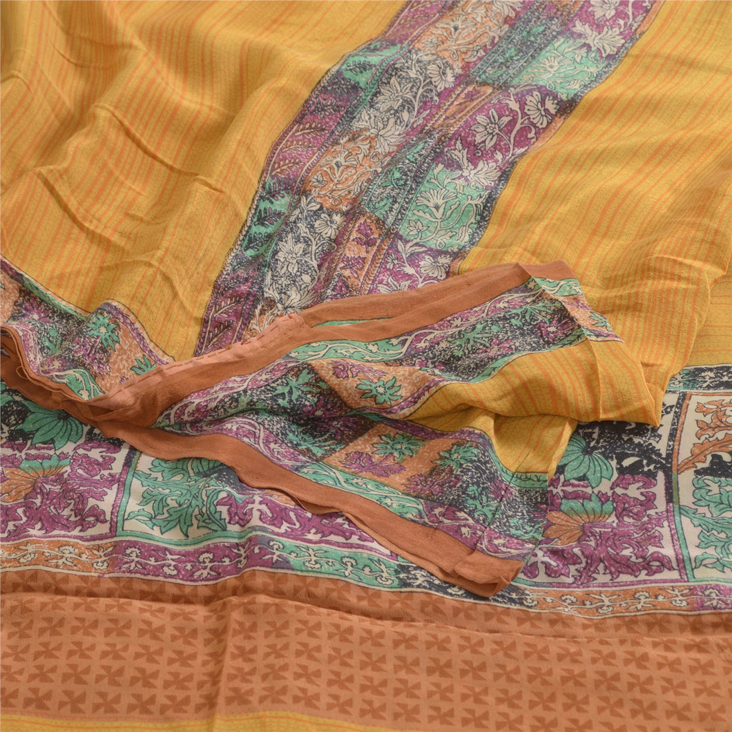 Sanskriti Vintage Sarees Mustard 100% Pure Crepe Silk Printed Sari Craft Fabric
