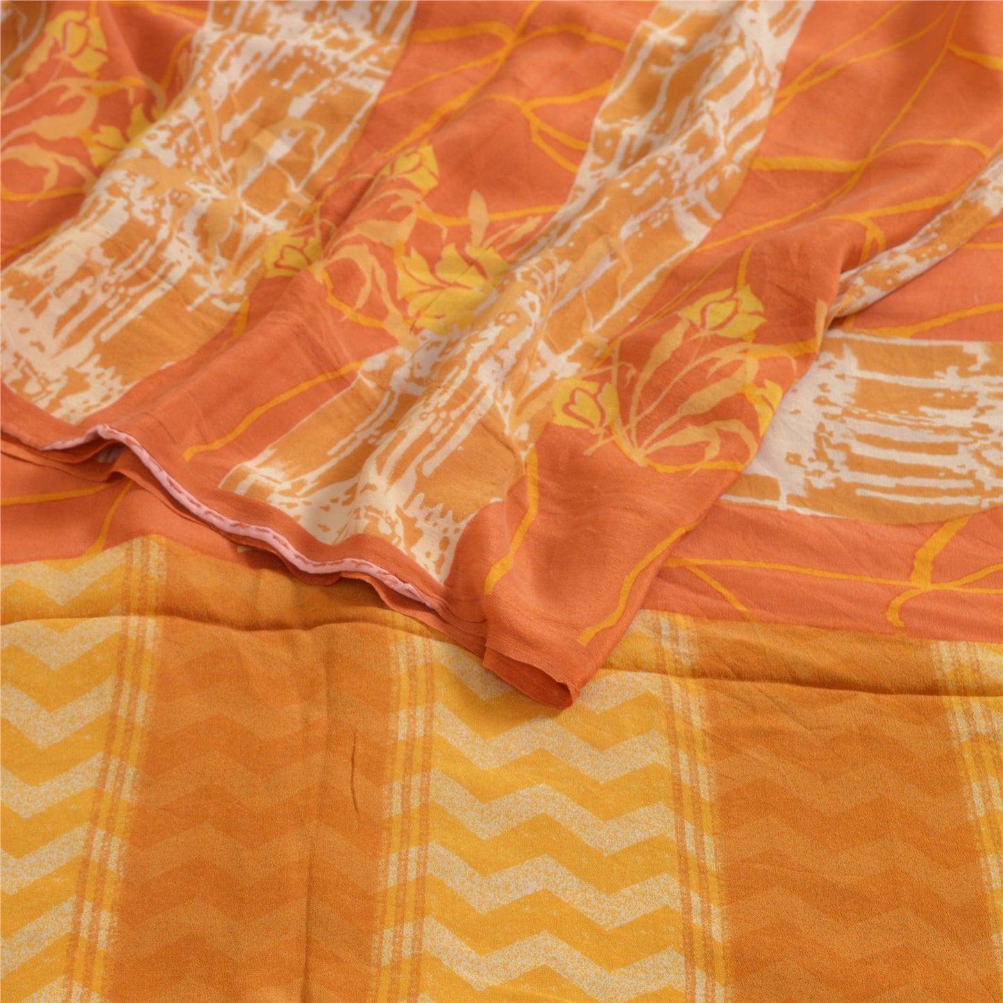 Sanskriti Vintage Sarees Indian Orange Pure Crepe Silk Printed Sari Craft Sustainable Fabric