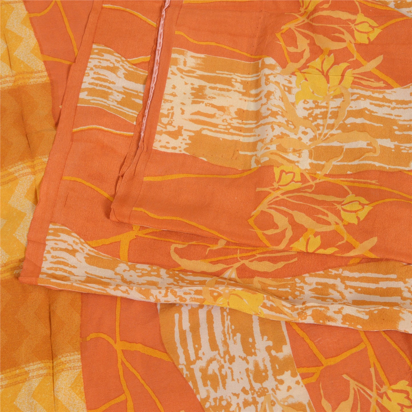 Sanskriti Vintage Sarees Indian Orange Pure Crepe Silk Printed Sari Craft Sustainable Fabric