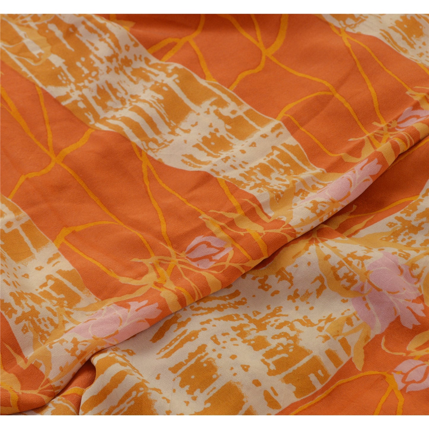 Sanskriti Vintage Sarees Indian Orange Pure Crepe Silk Printed Sari Craft Sustainable Fabric